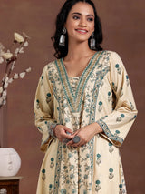 Libas Beige Printed Cotton A-Line Kurta With Palazzos