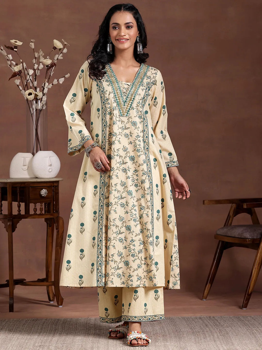 Libas Beige Printed Cotton A-Line Kurta With Palazzos