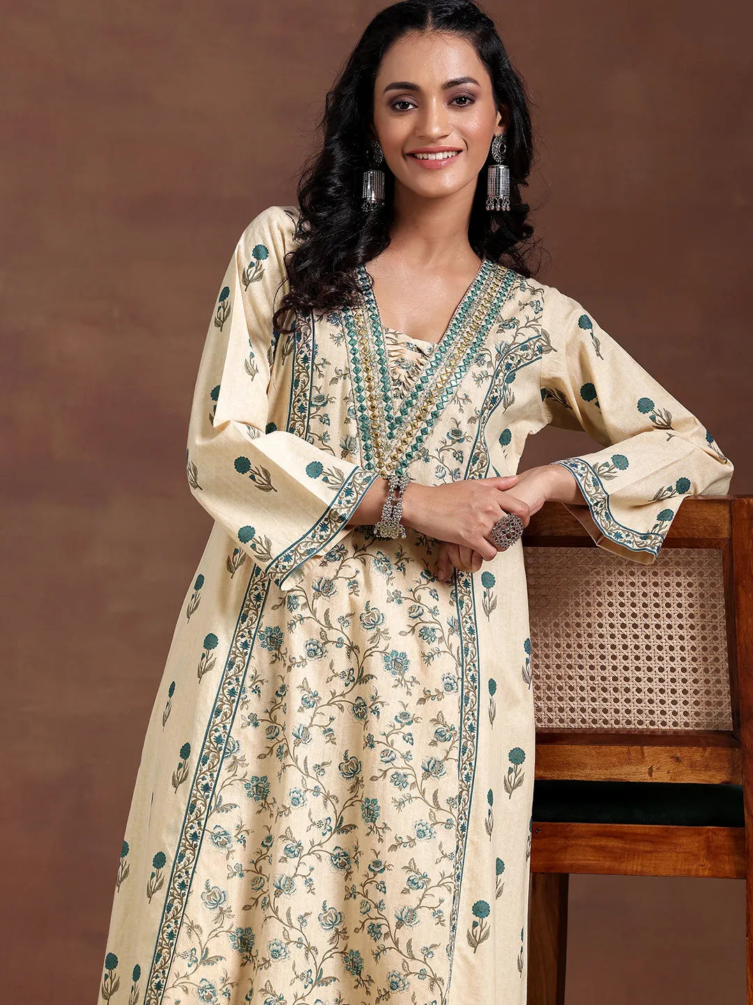 Libas Beige Printed Cotton A-Line Kurta With Palazzos