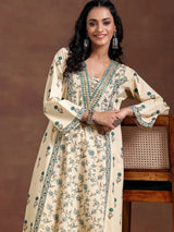 Libas Beige Printed Cotton A-Line Kurta With Palazzos