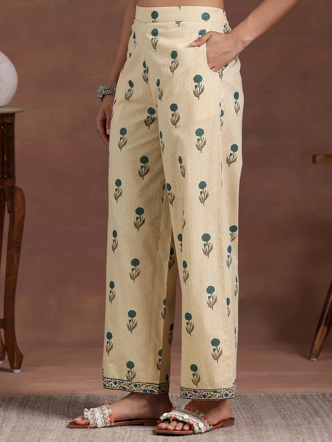 Libas Beige Printed Cotton A-Line Kurta With Palazzos