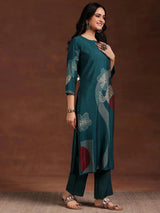 Libas Teal Printed Cotton Blend Straight Suit With Dupatta