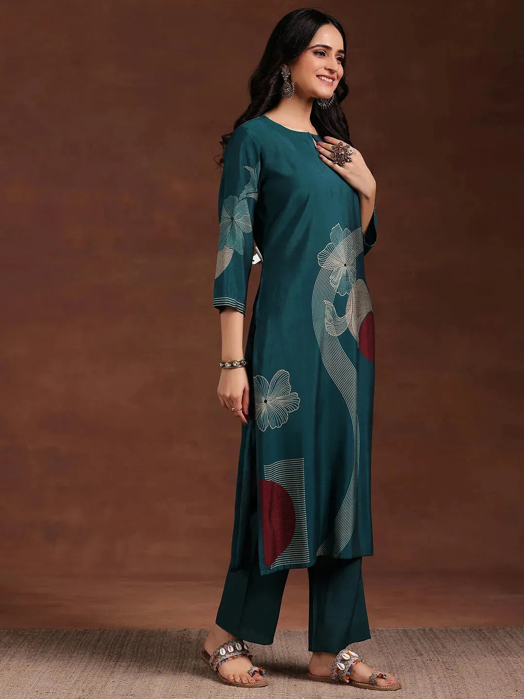 Libas Teal Printed Cotton Blend Straight Suit With Dupatta