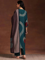Libas Teal Printed Cotton Blend Straight Suit With Dupatta