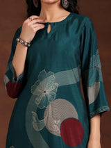 Libas Teal Printed Cotton Blend Straight Suit With Dupatta