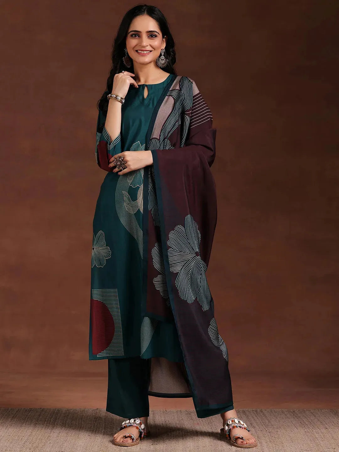 Libas Teal Printed Cotton Blend Straight Suit With Dupatta