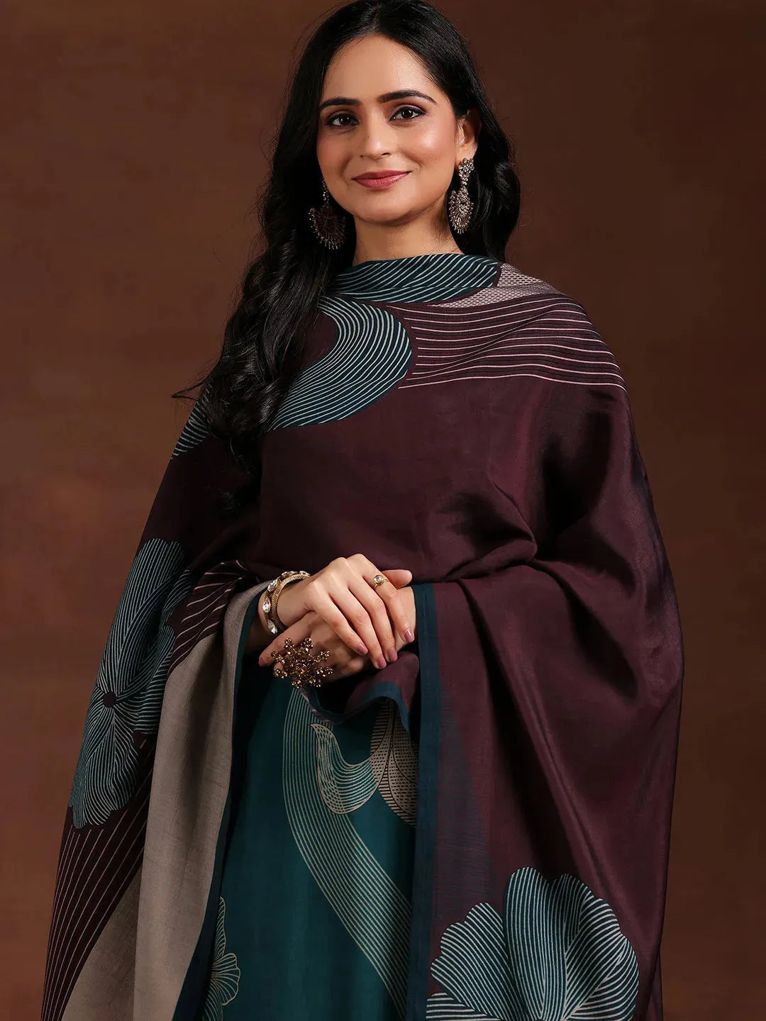 Libas Teal Printed Cotton Blend Straight Suit With Dupatta