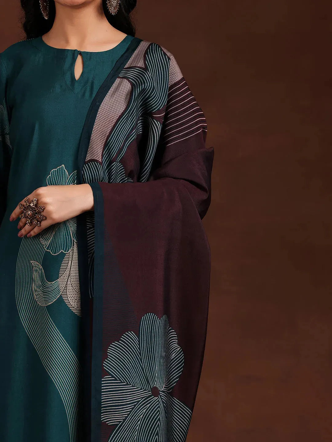 Libas Teal Printed Cotton Blend Straight Suit With Dupatta