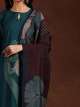 Libas Teal Printed Cotton Blend Straight Suit With Dupatta