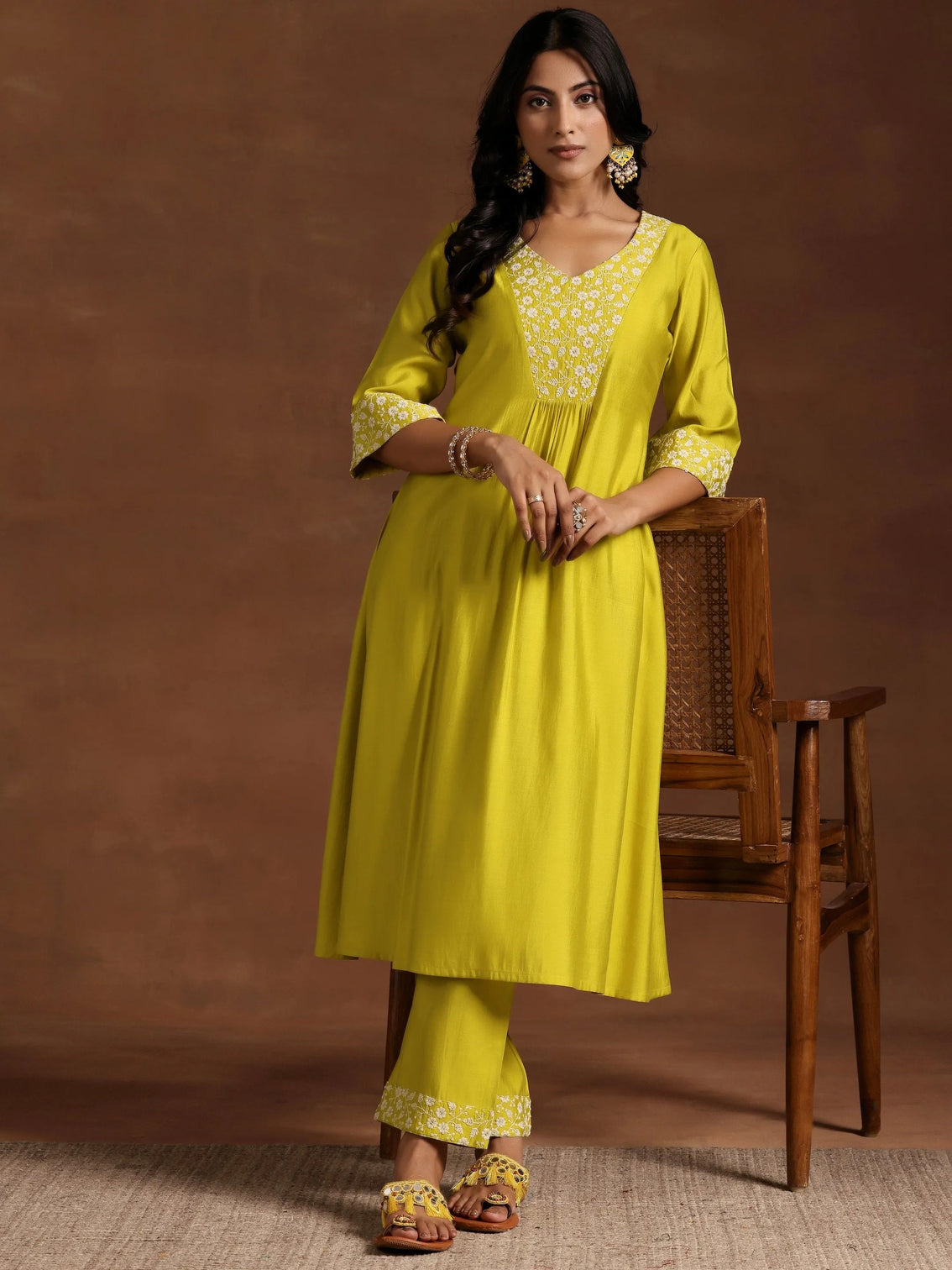 Mameraa Yellow Yoke Design Silk Blend A-Line Kurta With Trousers