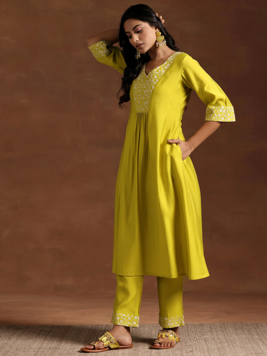 Mameraa Yellow Yoke Design Silk Blend A-Line Kurta With Trousers