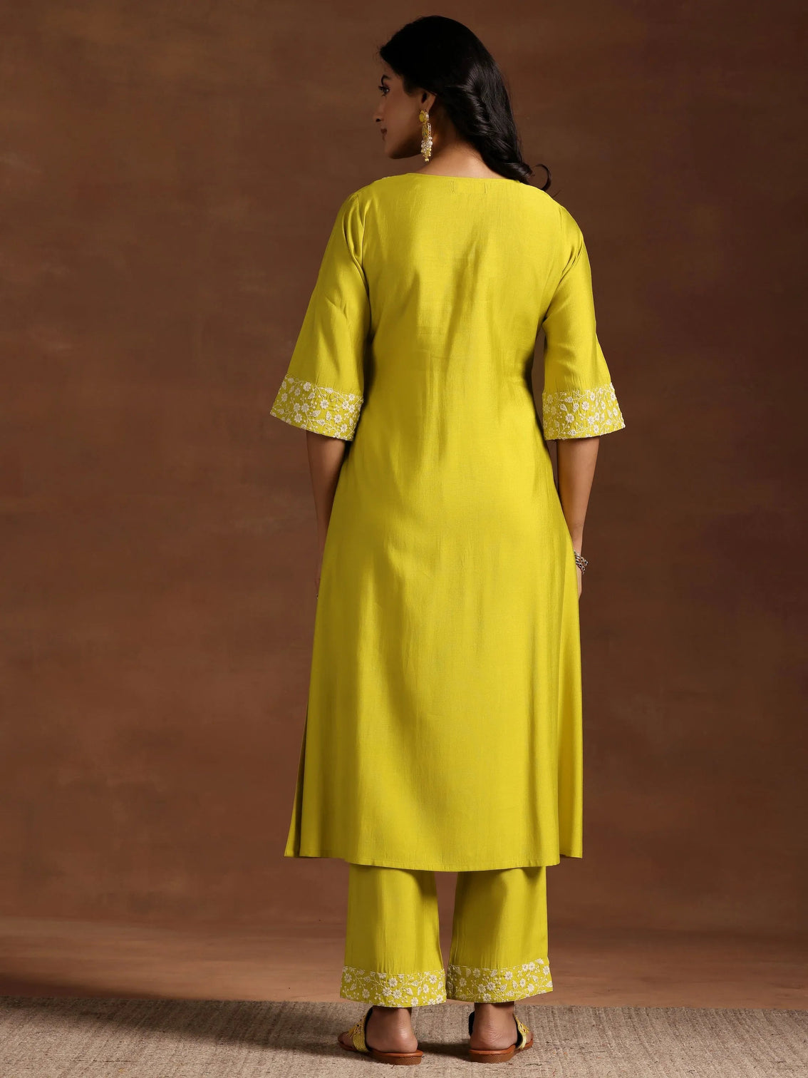 Mameraa Yellow Yoke Design Silk Blend A-Line Kurta With Trousers