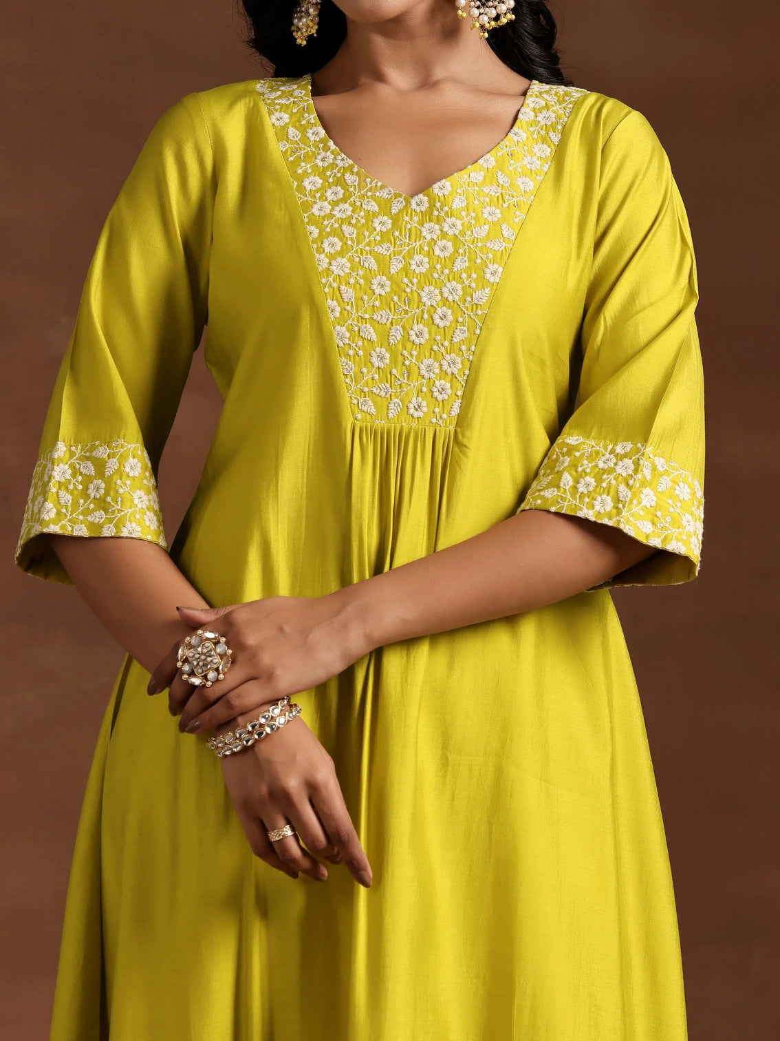 Mameraa Yellow Yoke Design Silk Blend A-Line Kurta With Trousers