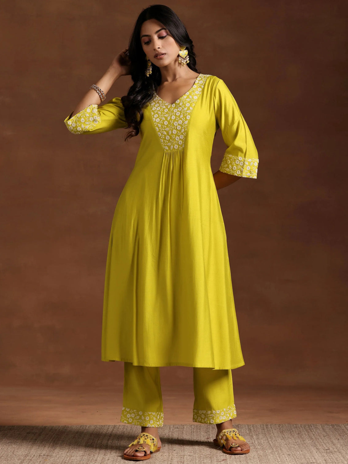 Mameraa Yellow Yoke Design Silk Blend A-Line Kurta With Trousers