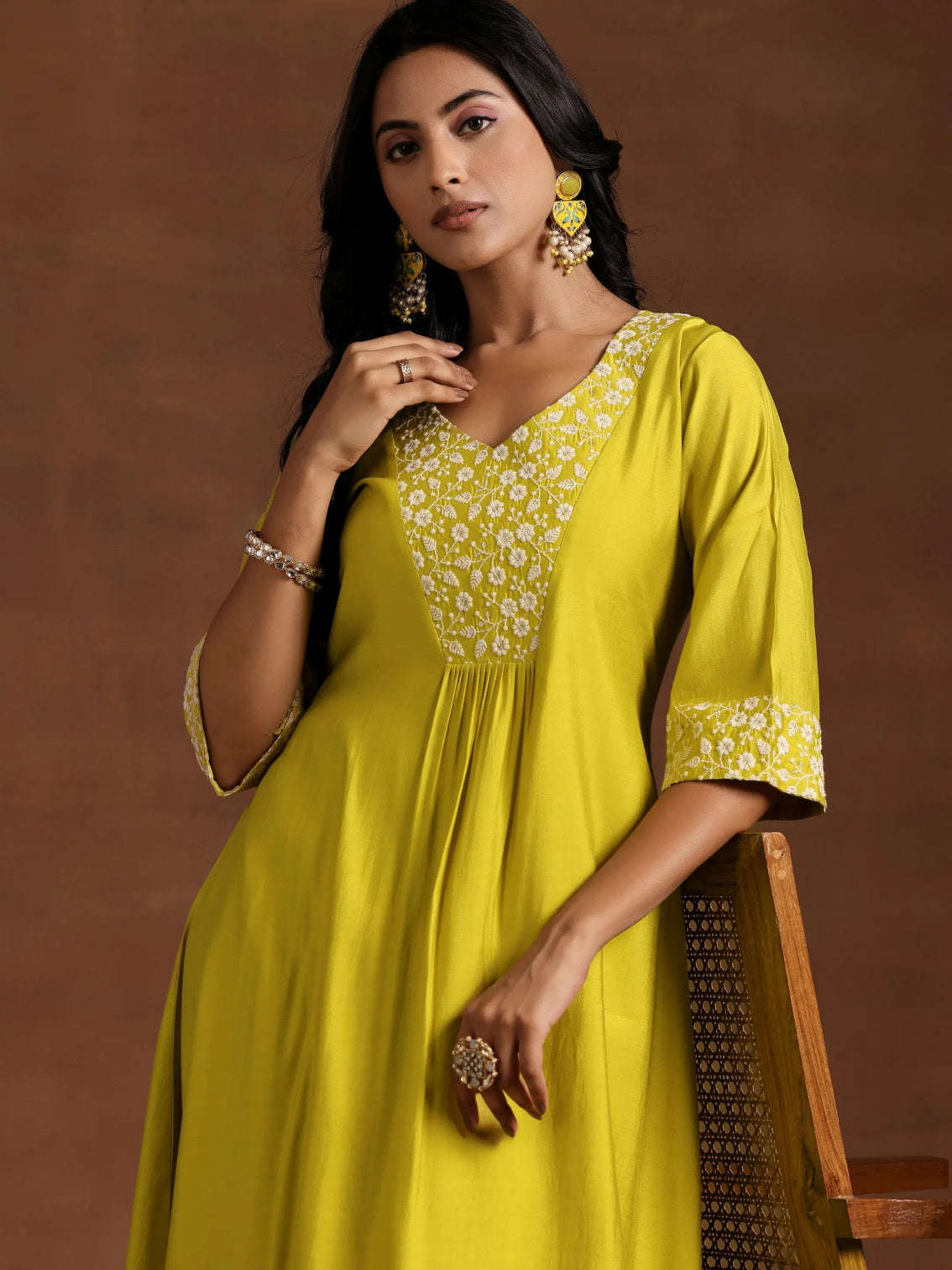 Mameraa Yellow Yoke Design Silk Blend A-Line Kurta With Trousers