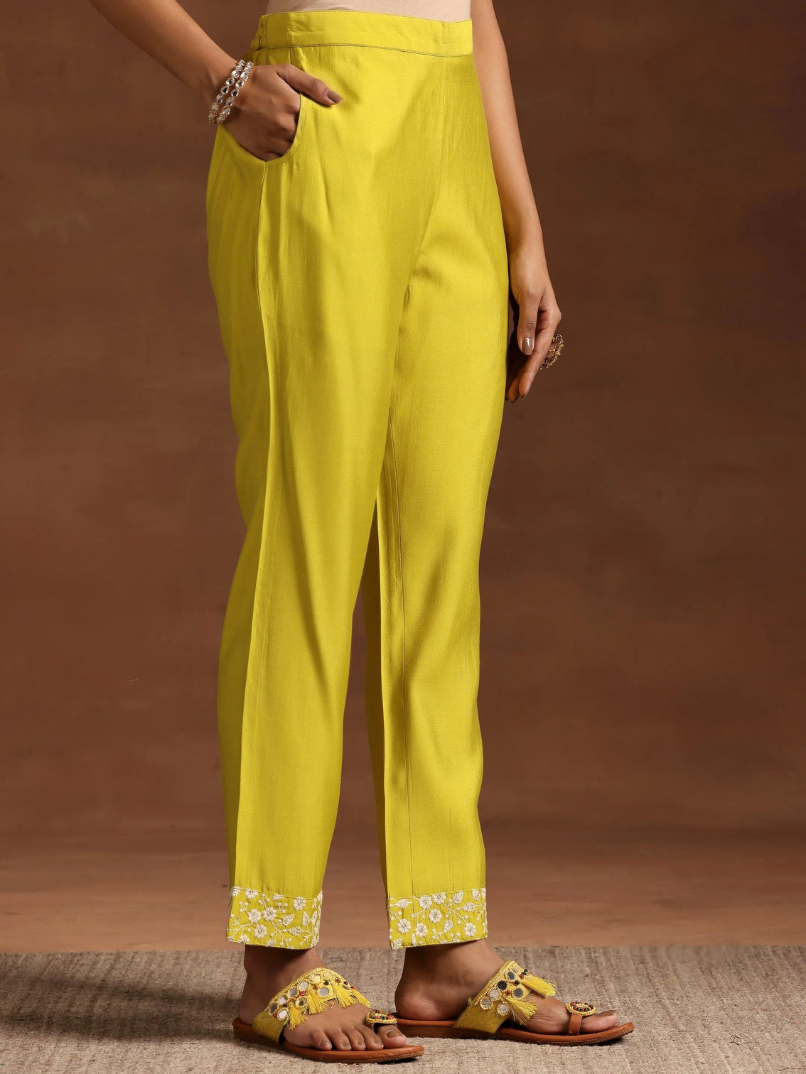 Mameraa Yellow Yoke Design Silk Blend A-Line Kurta With Trousers