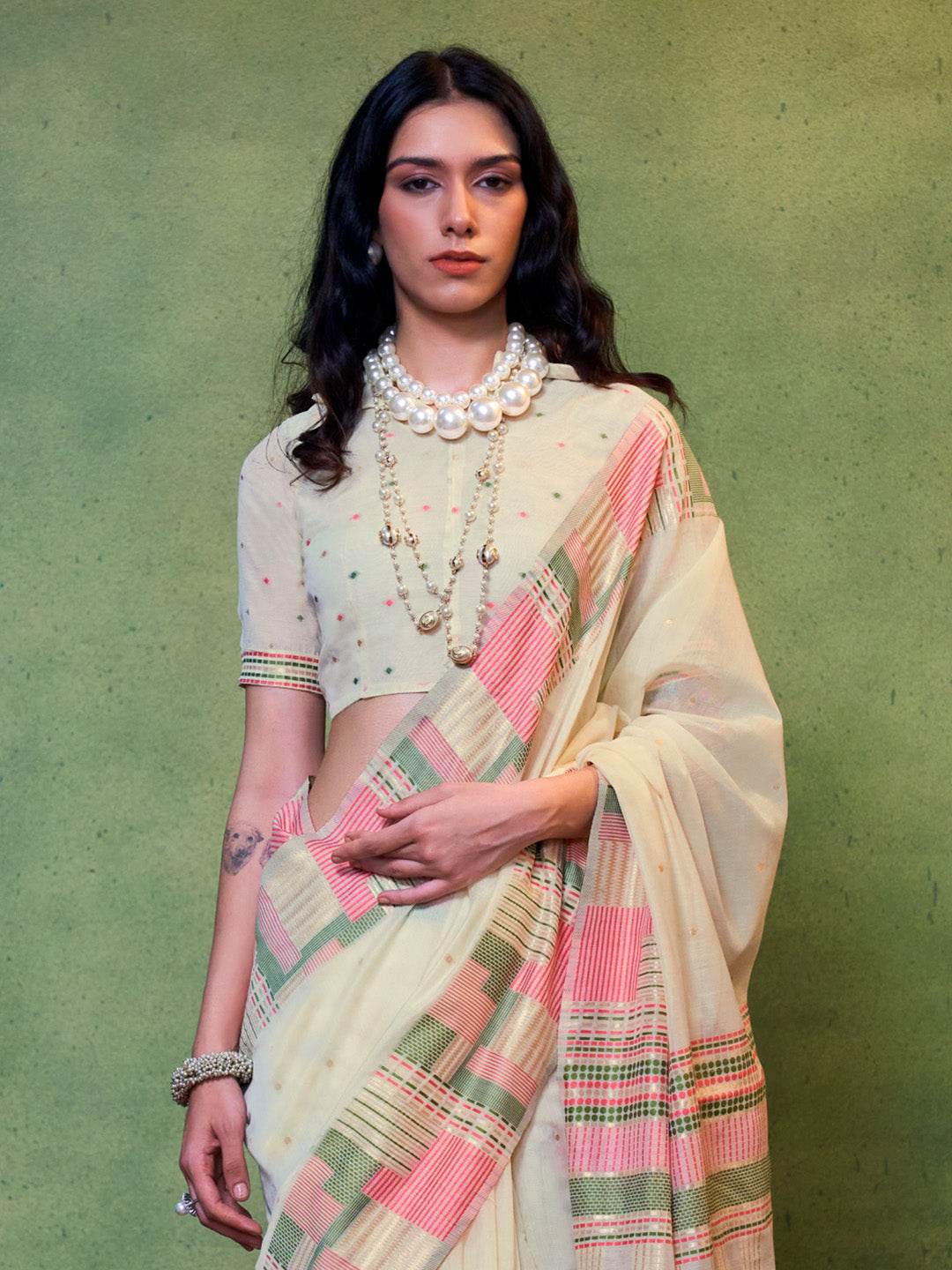 Cream Party Wear Silk Saree With Blouse Piece