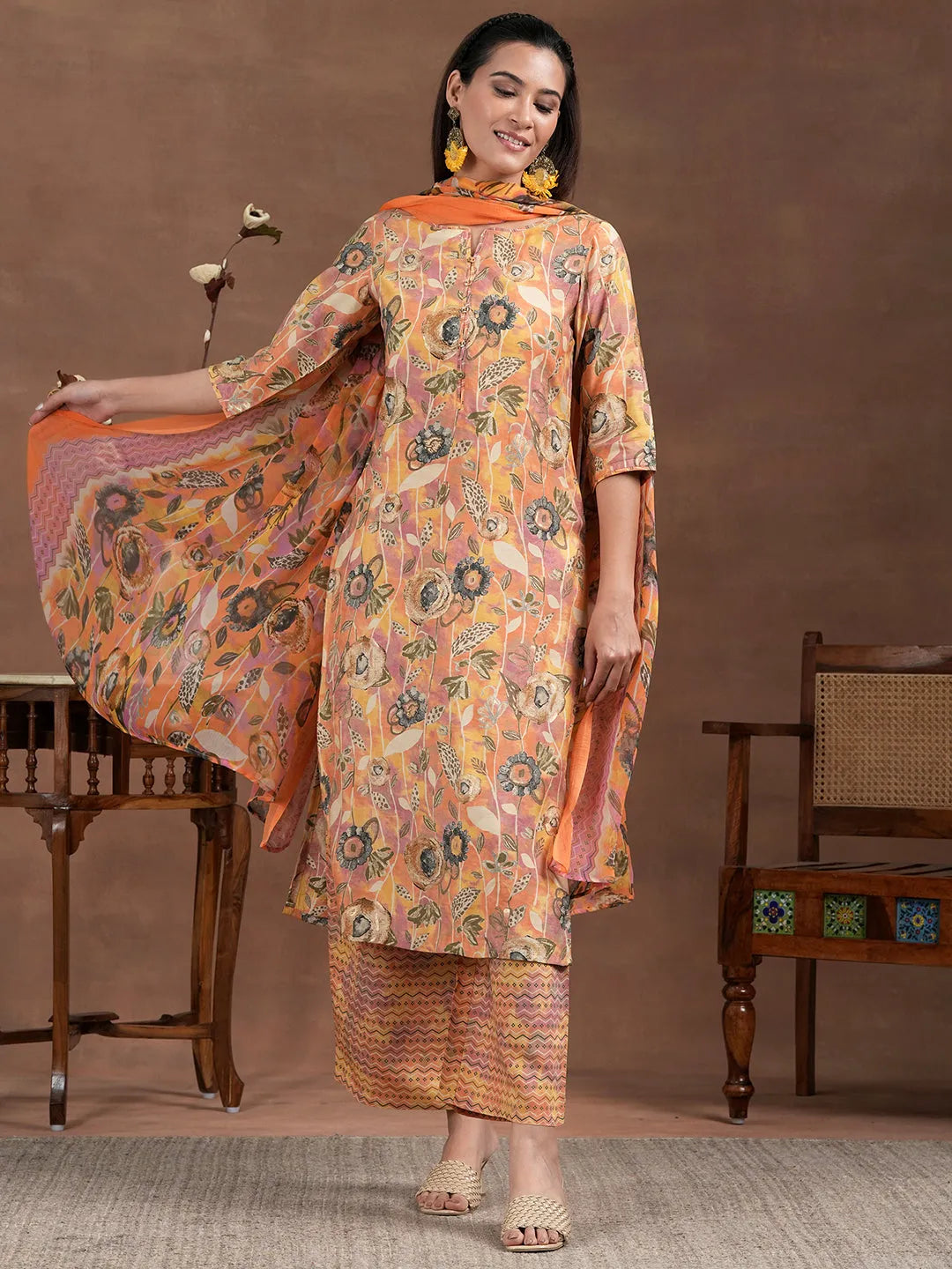 Mameraa Orange Printed Silk Blend Straight Suit With Dupatta