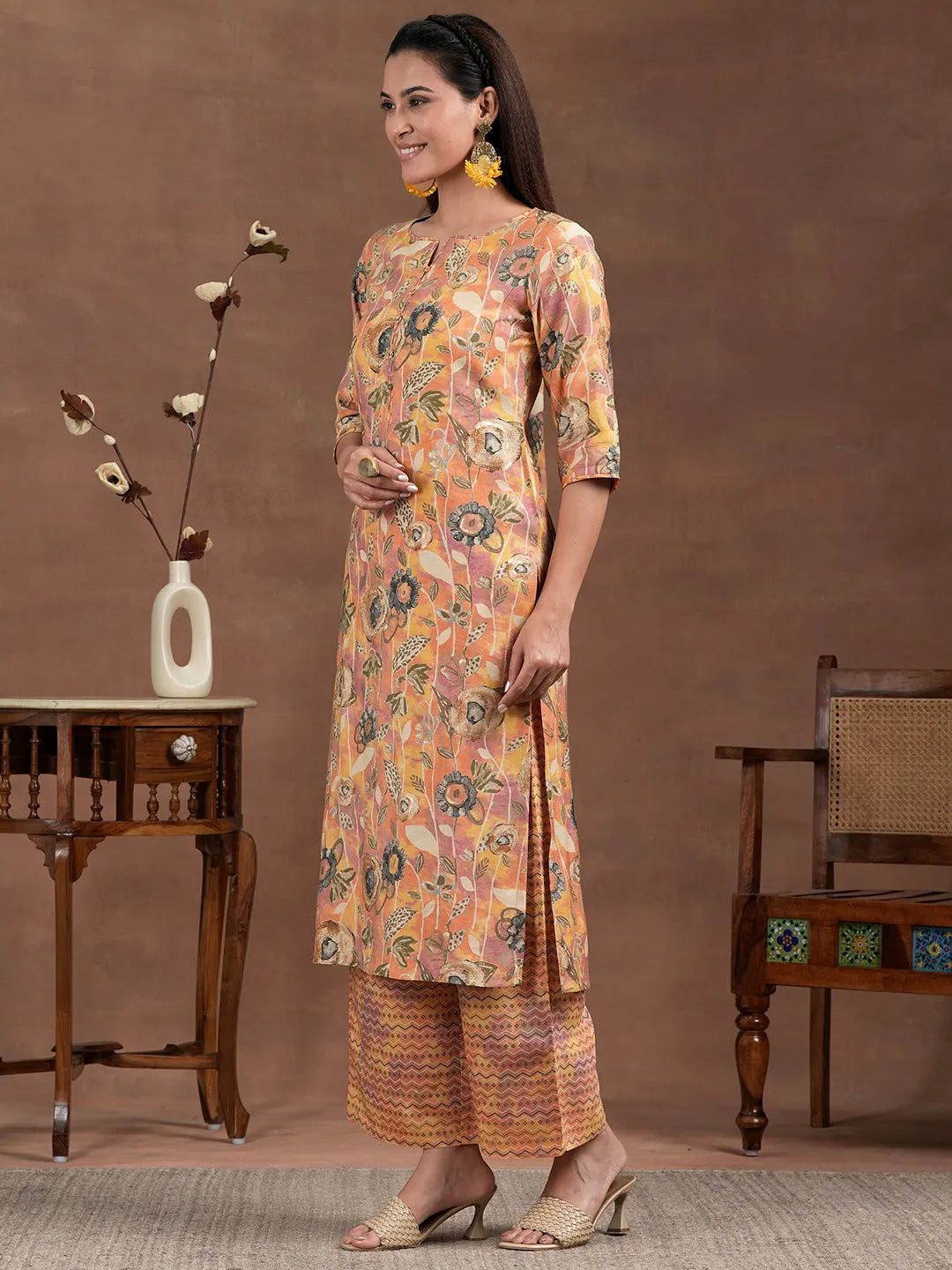 Mameraa Orange Printed Silk Blend Straight Suit With Dupatta
