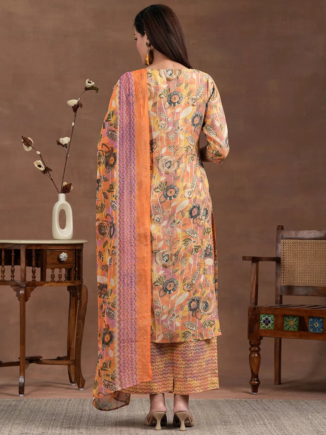 Mameraa Orange Printed Silk Blend Straight Suit With Dupatta