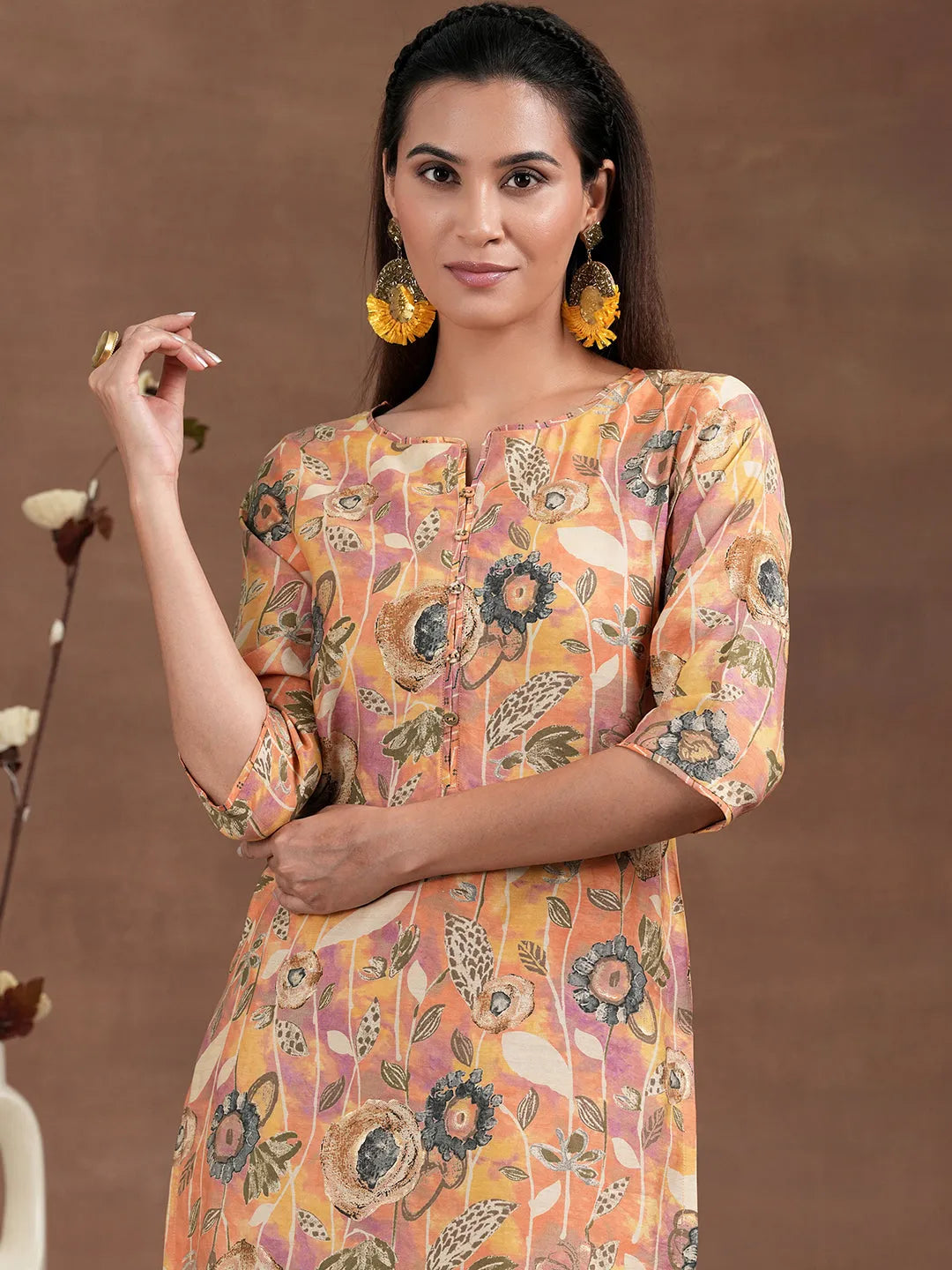Mameraa Orange Printed Silk Blend Straight Suit With Dupatta