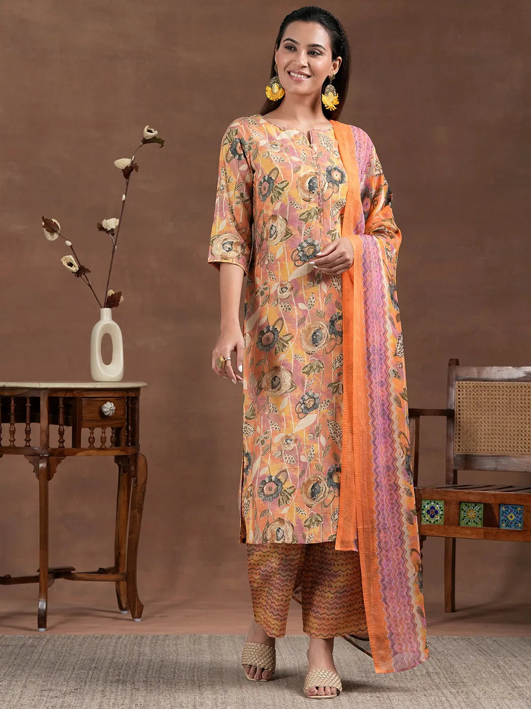 Mameraa Orange Printed Silk Blend Straight Suit With Dupatta