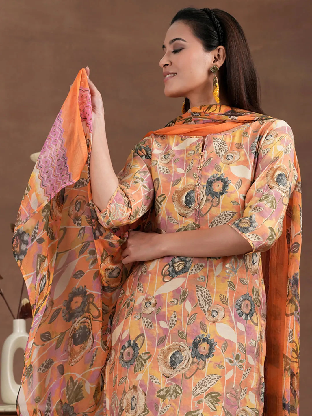 Mameraa Orange Printed Silk Blend Straight Suit With Dupatta