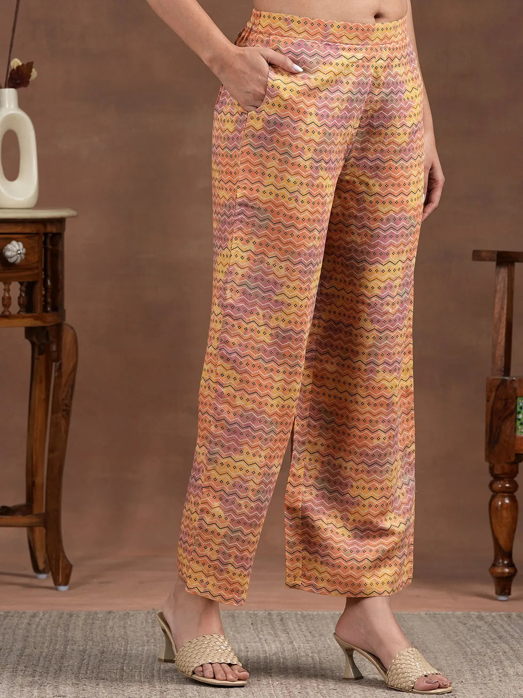 Mameraa Orange Printed Silk Blend Straight Suit With Dupatta
