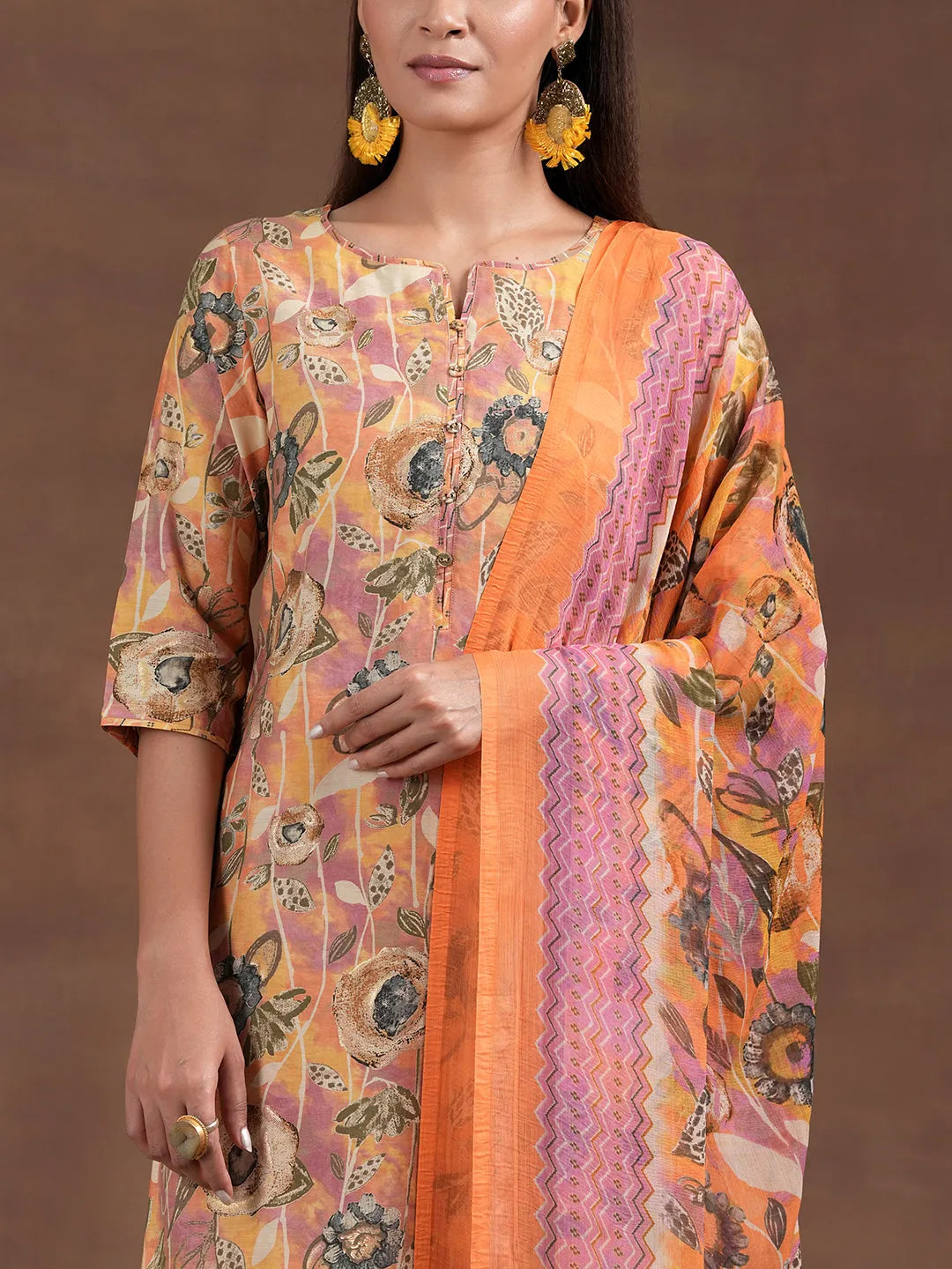 Mameraa Orange Printed Silk Blend Straight Suit With Dupatta