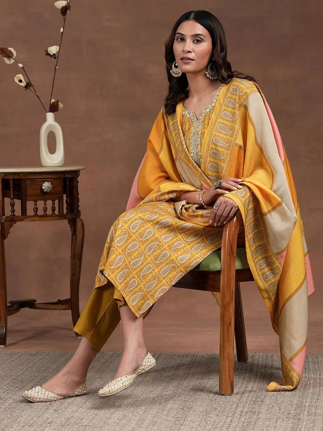Mameraa Mustard Printed Silk Blend Straight Suit With Dupatta