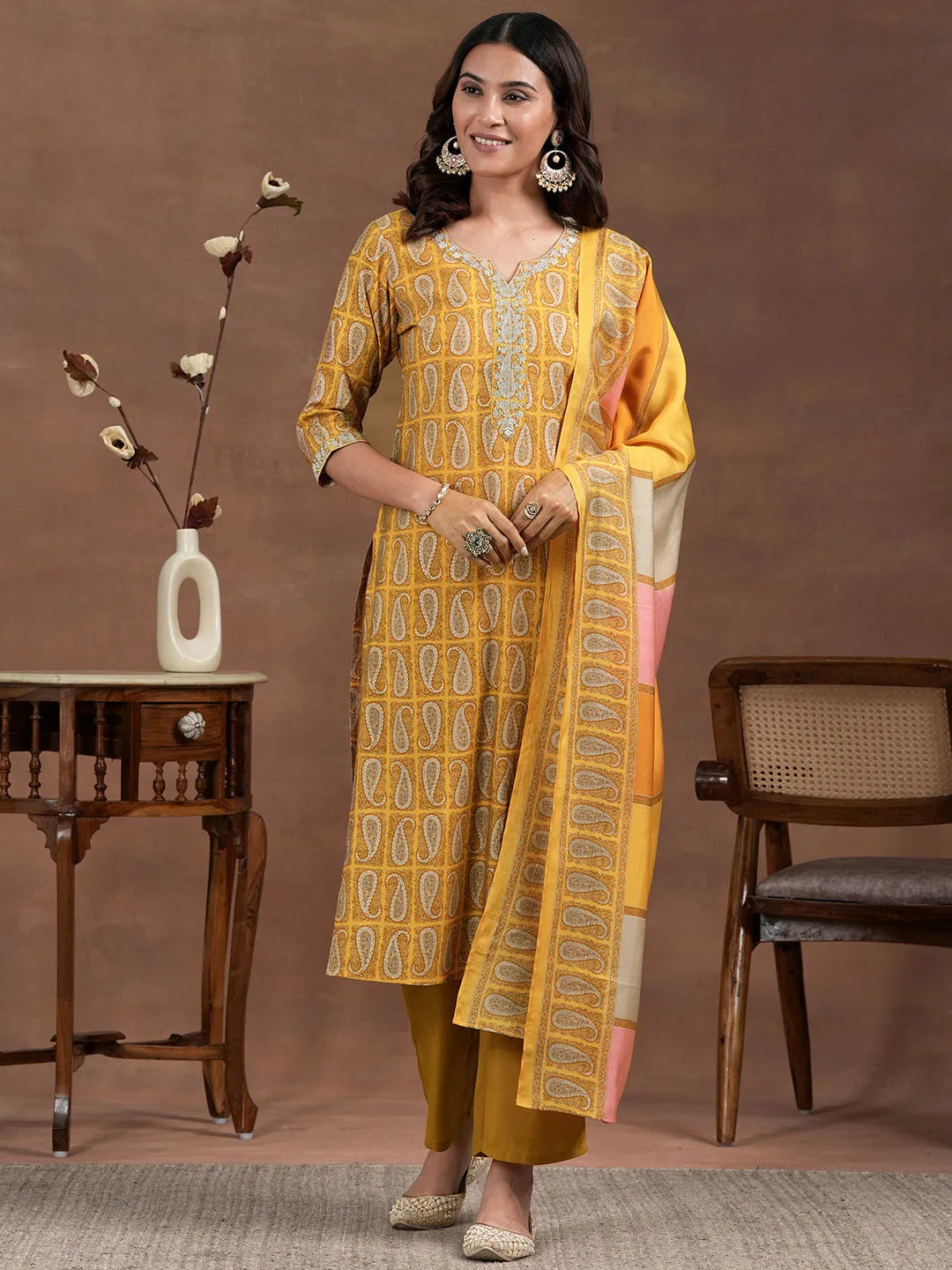 Mameraa Mustard Printed Silk Blend Straight Suit With Dupatta