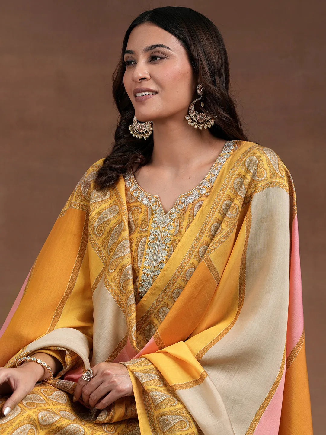 Mameraa Mustard Printed Silk Blend Straight Suit With Dupatta