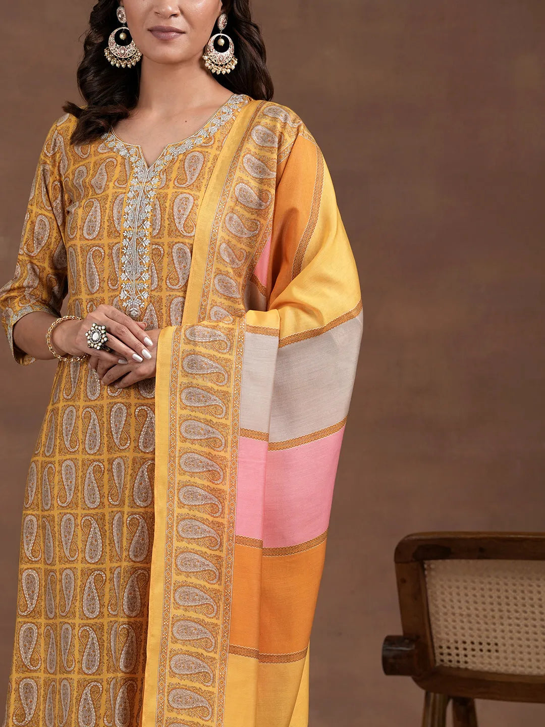 Mameraa Mustard Printed Silk Blend Straight Suit With Dupatta