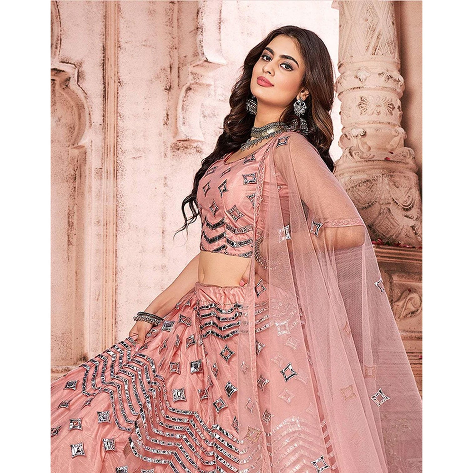 Light Peach Foil Mirror and Thread Work Lehenga choli