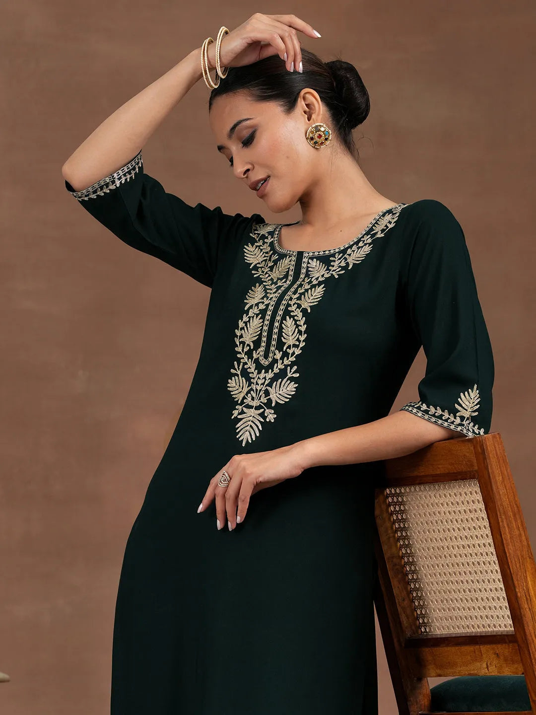 Mameraa Green Yoke Design Rayon Straight Kurta Set