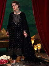 Libas Black Embroidered Velvet Straight Suit With Dupatta