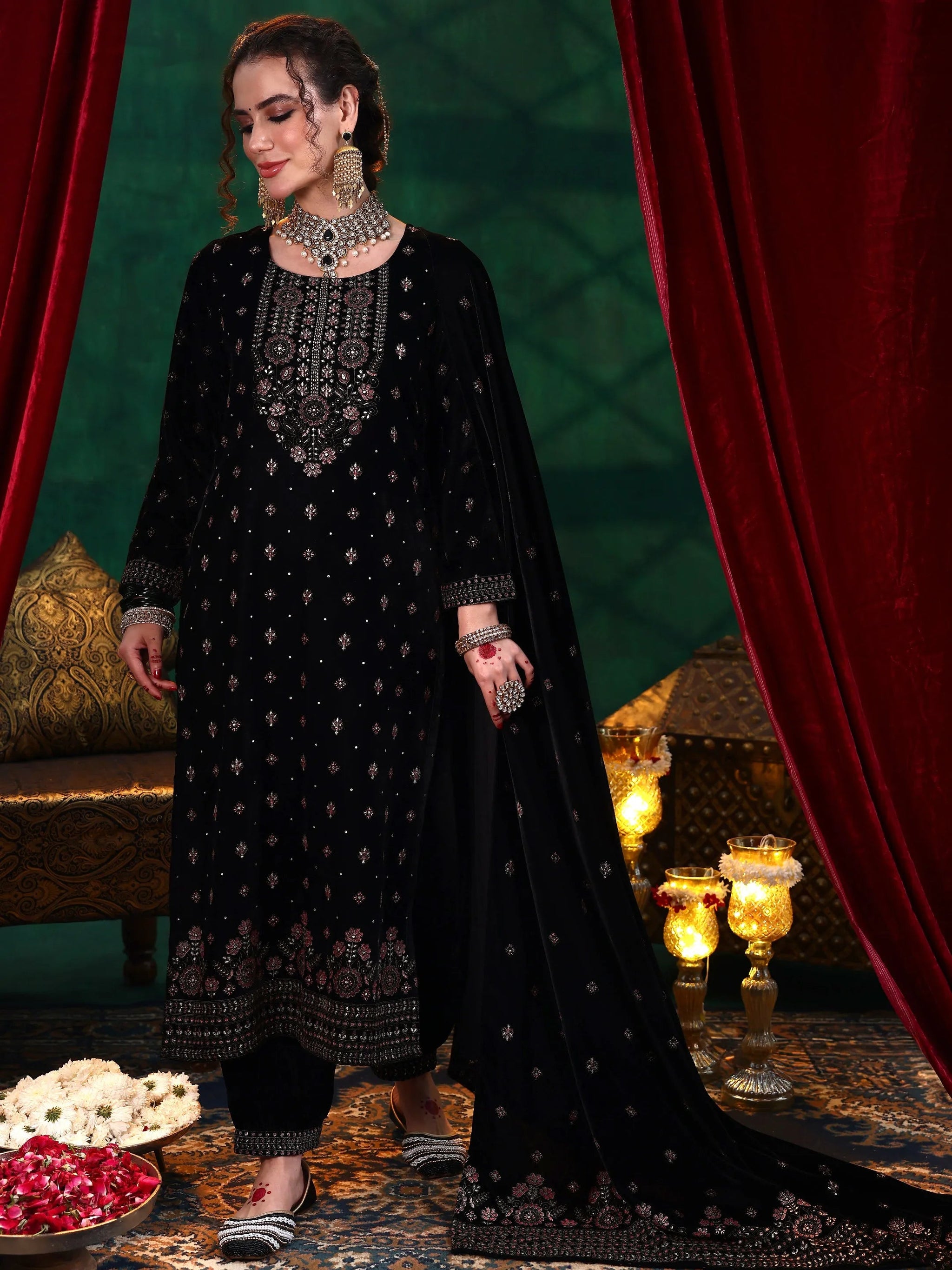 Libas Black Embroidered Velvet Straight Suit With Dupatta