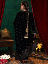 Libas Black Embroidered Velvet Straight Suit With Dupatta