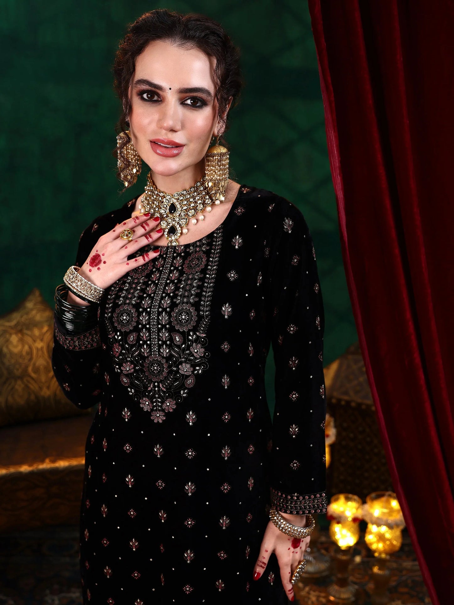 Libas Black Embroidered Velvet Straight Suit With Dupatta