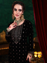 Libas Black Embroidered Velvet Straight Suit With Dupatta