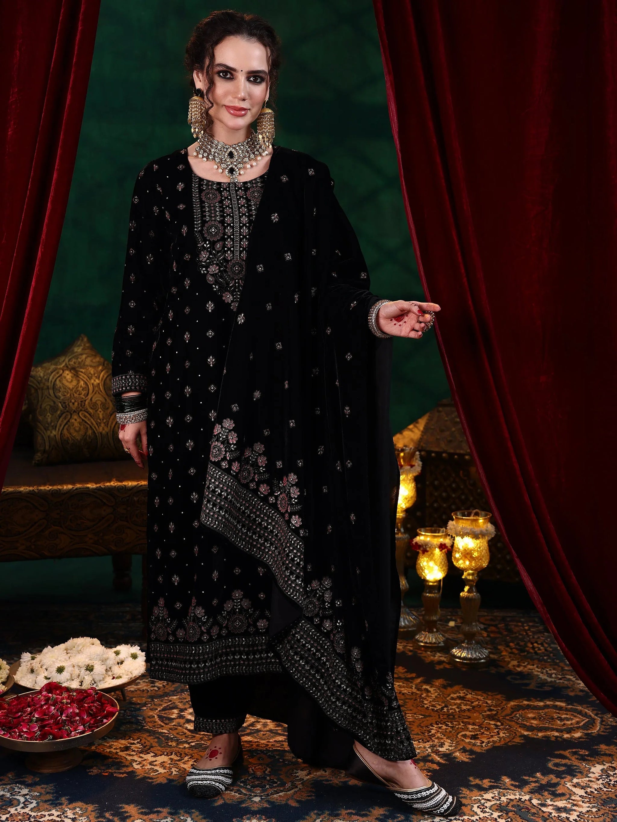 Libas Black Embroidered Velvet Straight Suit With Dupatta