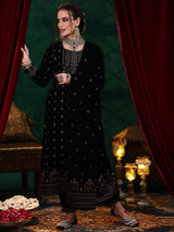 Libas Black Embroidered Velvet Straight Suit With Dupatta