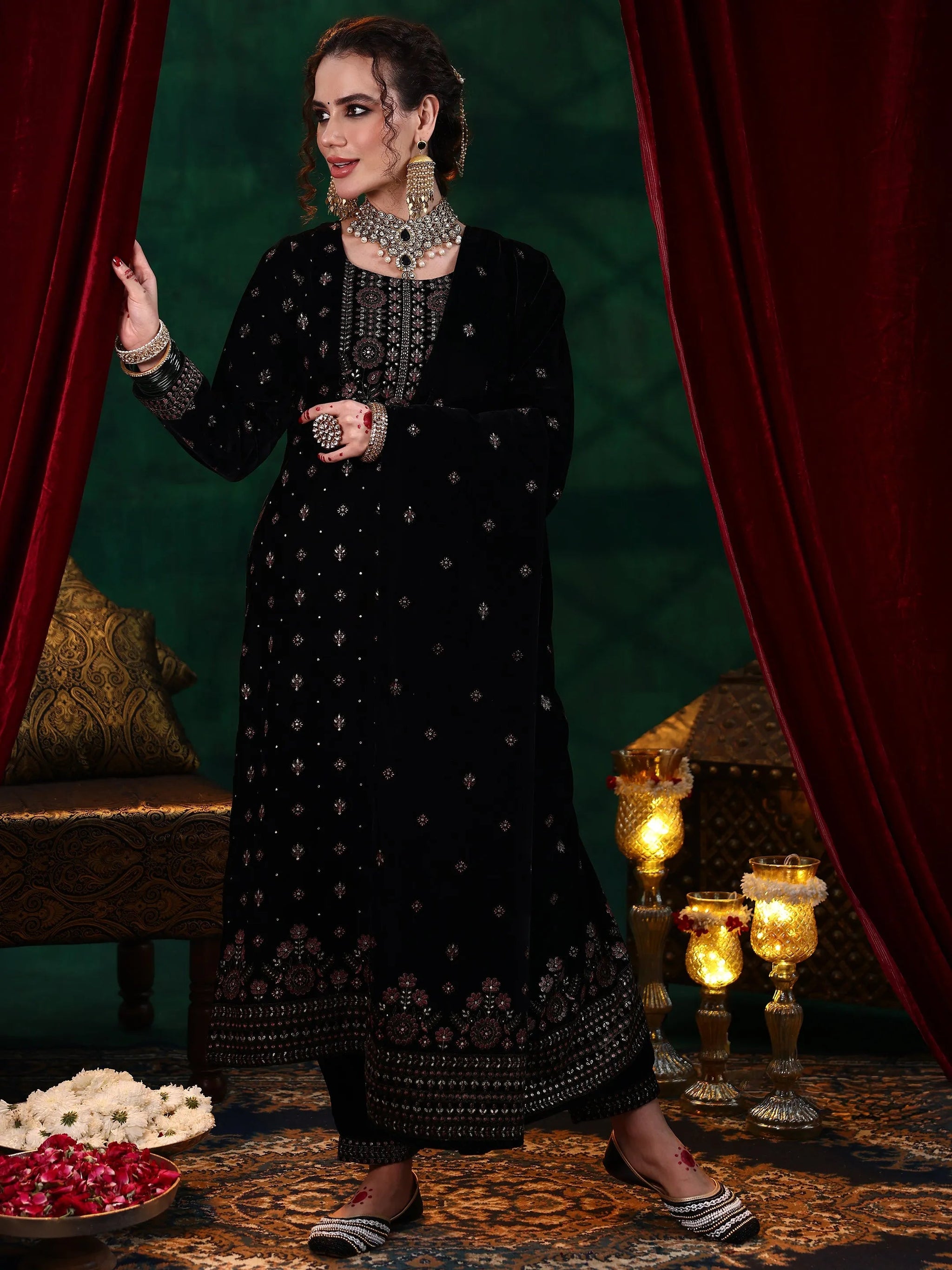 Libas Black Embroidered Velvet Straight Suit With Dupatta