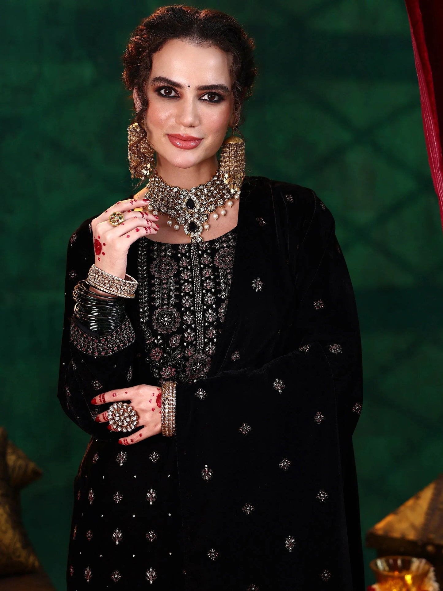 Libas Black Embroidered Velvet Straight Suit With Dupatta