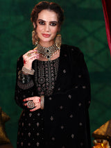 Libas Black Embroidered Velvet Straight Suit With Dupatta