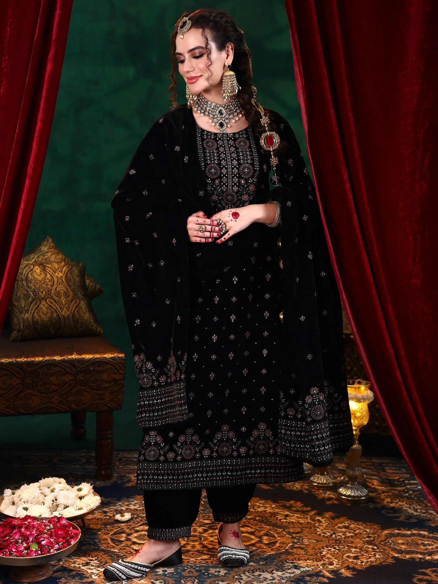 Libas Black Embroidered Velvet Straight Suit With Dupatta