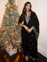 Libas Black Yoke Design Velvet Straight Suit With Dupatta
