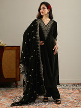 Libas Black Yoke Design Velvet Straight Suit With Dupatta