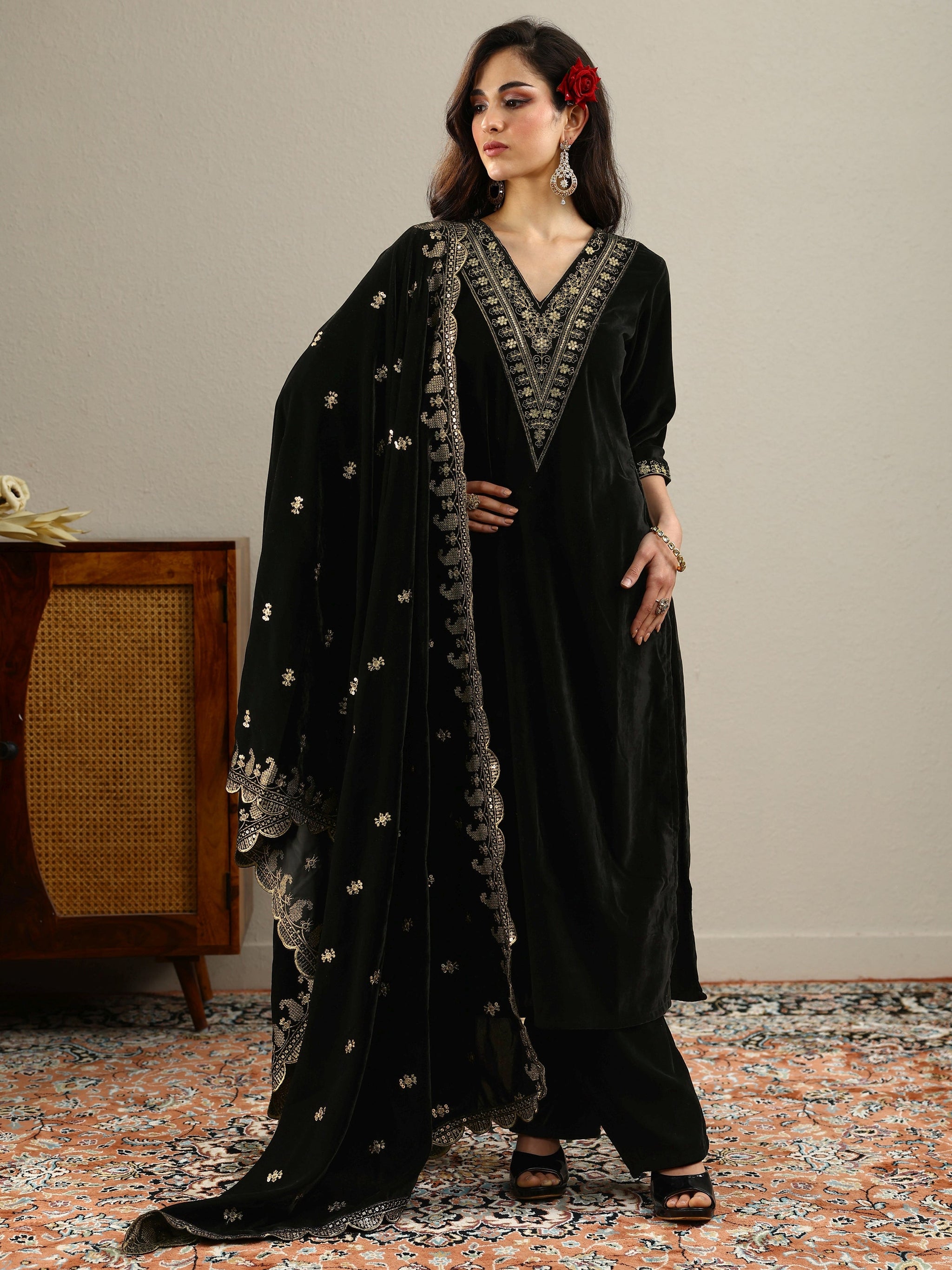 Libas Black Yoke Design Velvet Straight Suit With Dupatta