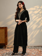 Libas Black Yoke Design Velvet Straight Suit With Dupatta
